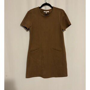 WAYF Dress Small Brown Mini Short Aline Short Sleeve Faux Suede